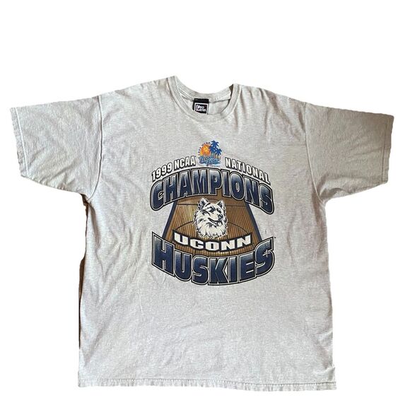 Vintage 90s UConn Huskies 1999 Champion T Shirt Gray XXL Hole NCAA Basketball - Picture 1 of 6